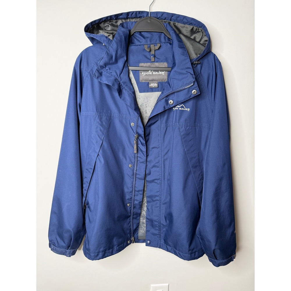Eddie Bauer WeatherEdge Mens Rain Jacket Navy Blue Hooded Full Zip Coat Small